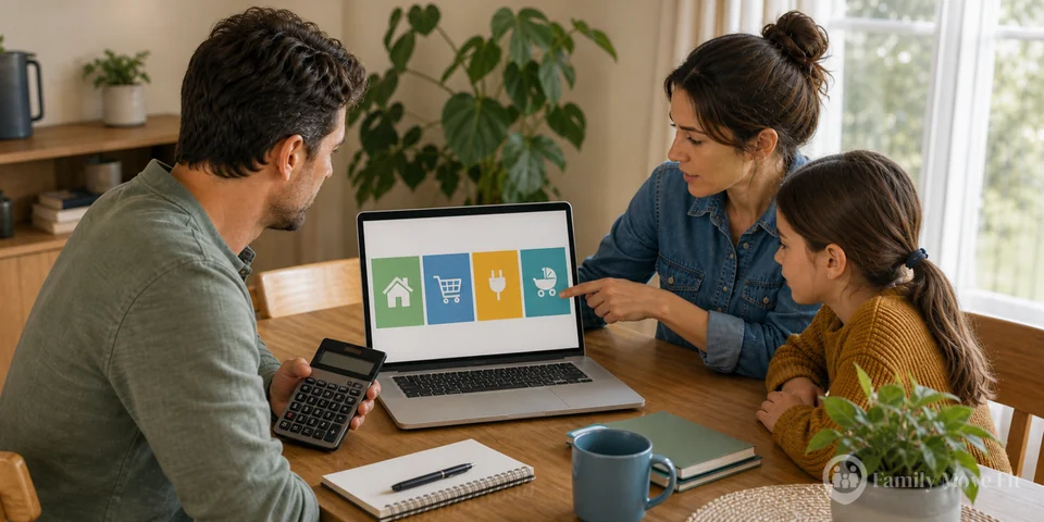 A family at home compares rent and recurring costs for selected Paraguayan cities on a laptop before moving.