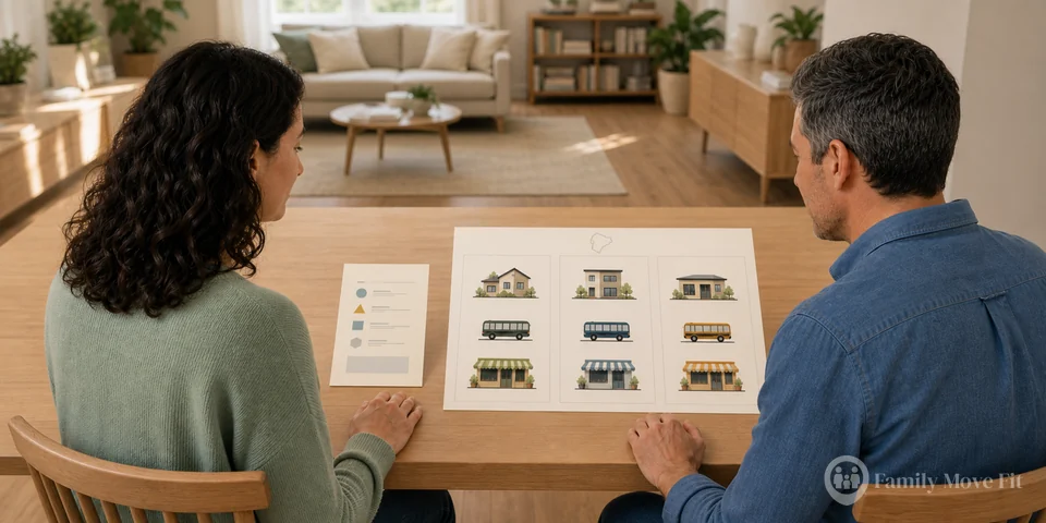 Two adults reviewing entry information and a three-city comparison board at home