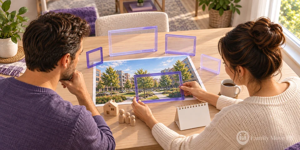 A couple uses five translucent frames to inspect the scope of one Canadian neighborhood photograph.