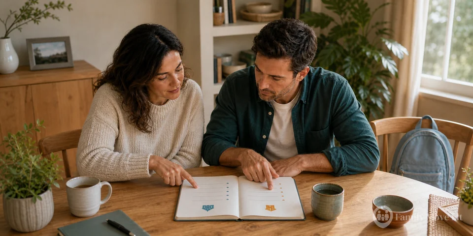 Two parents reviewing school information and housing notes together at a table.