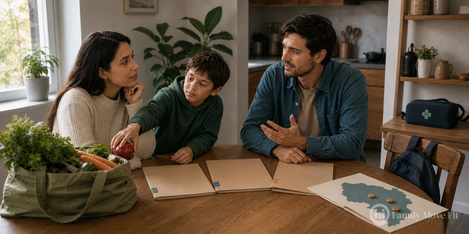 A family discussing everyday life beside groceries, three city folders, and a map of Ecuador