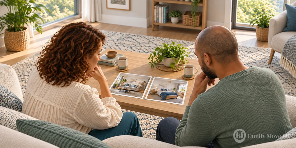 A couple at home looking at two equally sized photographs of apartment interiors.